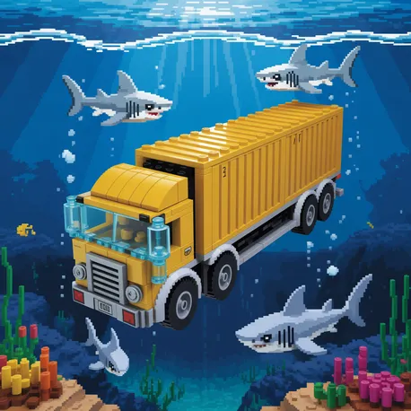 Lego cargo truck underwater with sharks swimming around it