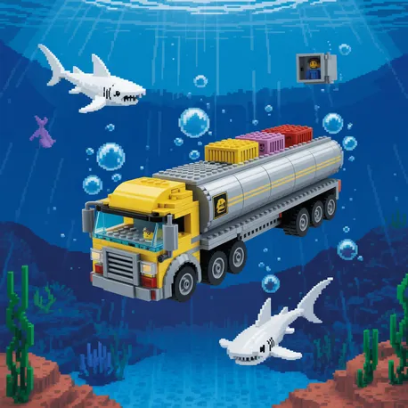 Lego tanker truck underwater with sharks