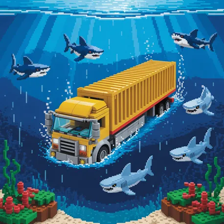 Lego container truck moving through water with sharks