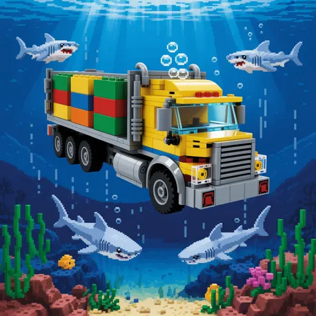Lego truck with colorful container blocks underwater